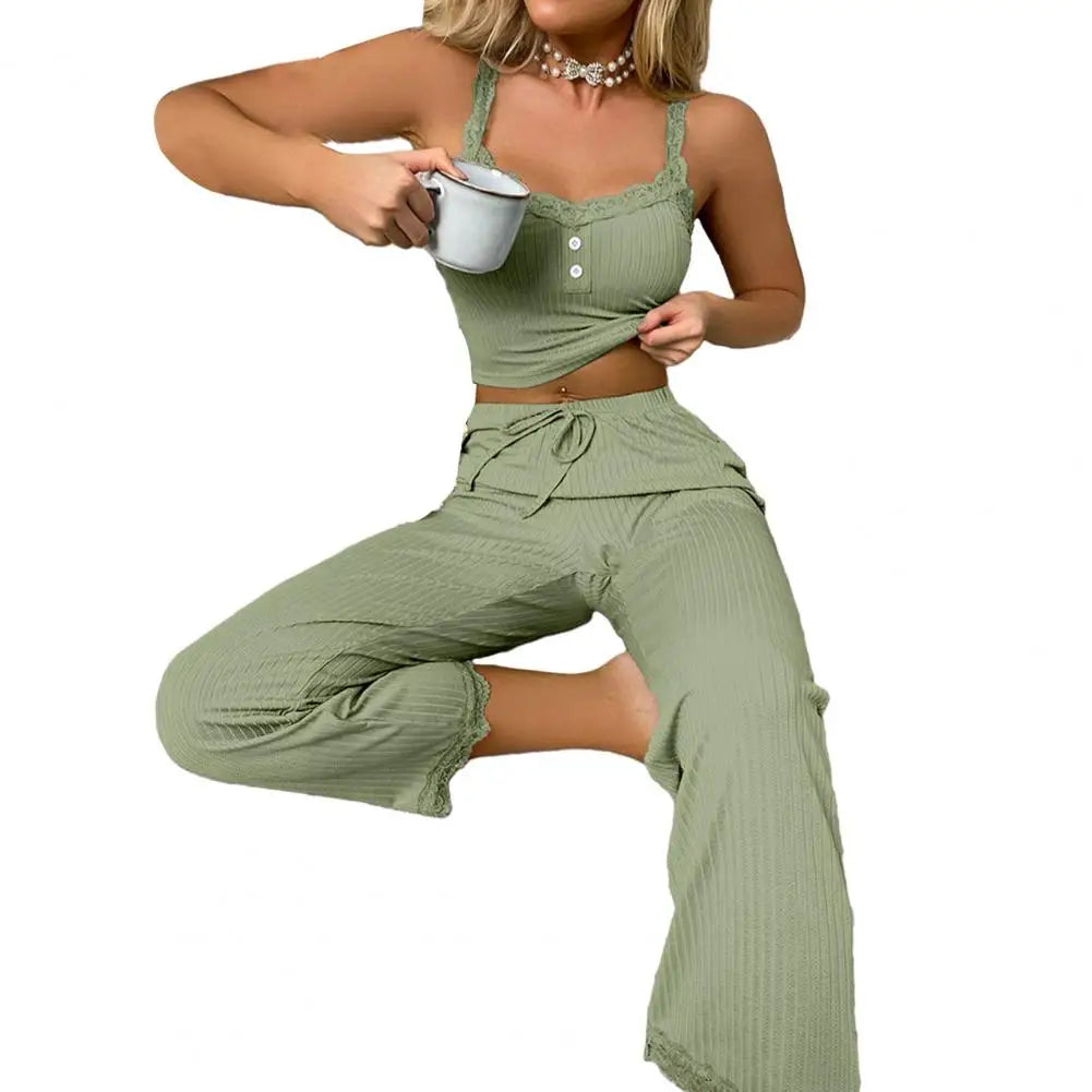 IMIEMIE Women Pajama Set Women Casual Two-piece Set Women's Summer Pajamas Set with Low-cut V Neck Tank Top High Elastic Waist Trousers