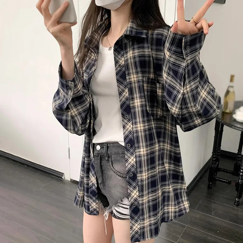 IMIEMIE Women Plaid Shirt Long Sleeve Collared Button Up Plaid Shirt Jacket Fashion Loose Casual Blouses Female Breathable Outwear