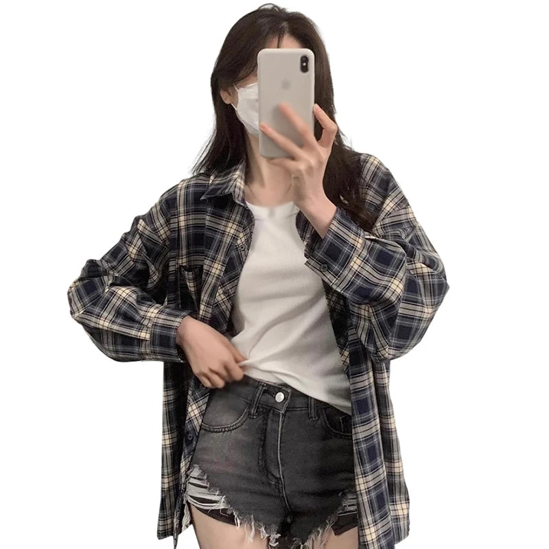 IMIEMIE Women Plaid Shirt Long Sleeve Collared Button Up Plaid Shirt Jacket Fashion Loose Casual Blouses Female Breathable Outwear