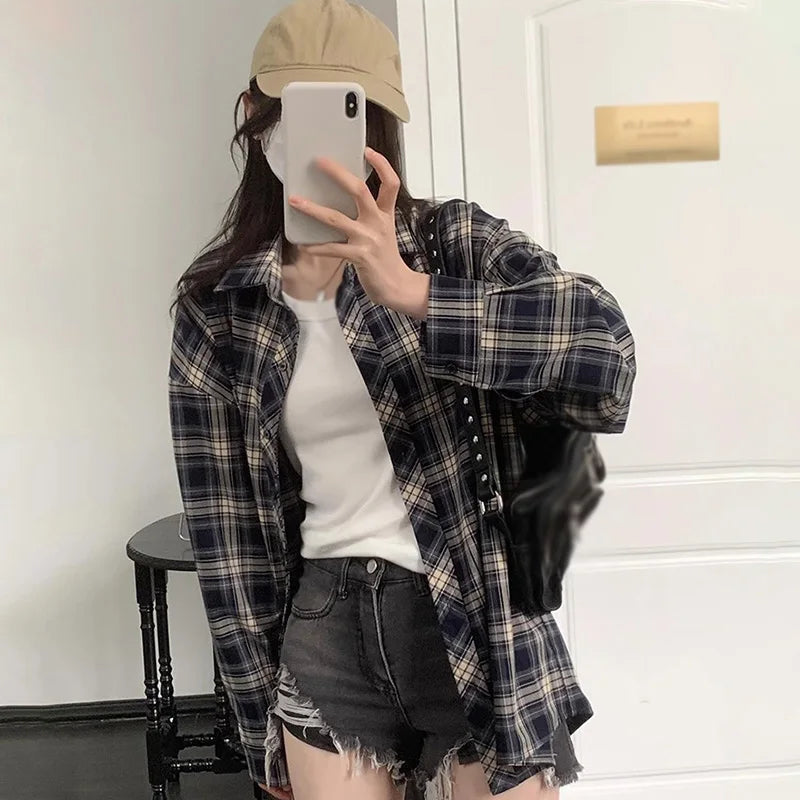 IMIEMIE Women Plaid Shirt Long Sleeve Collared Button Up Plaid Shirt Jacket Fashion Loose Casual Blouses Female Breathable Outwear