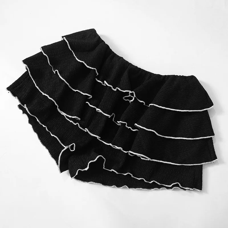 IMIEMIE Women Pleated Mesh Ruffles 2 Piece Set Bow Strapless Crop Tops + Mini Cake Shorts Skirts Casual Summer Streetwear Party Outfits