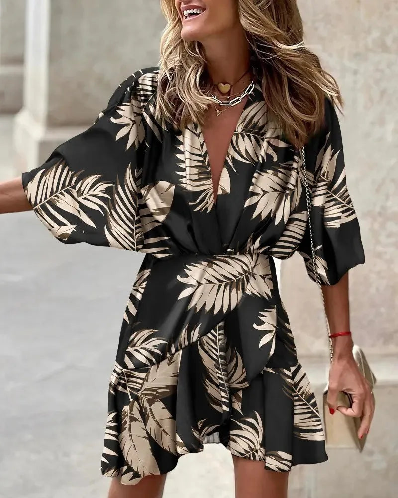 IMIEMIE Women Print Dress Sexy V-Neck Bat Sleeve Ruffl Flowers Print Bohemian Beach Sundress Ladies Loose Summer Vacation Mini Dresses