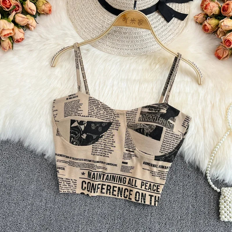 IMIEMIE Women Push Up Camisole Padded Bra Sexy Top Suspender Tanks Fashion Printed Newspaper Camis Female Soft Sleeveless Tube Tops