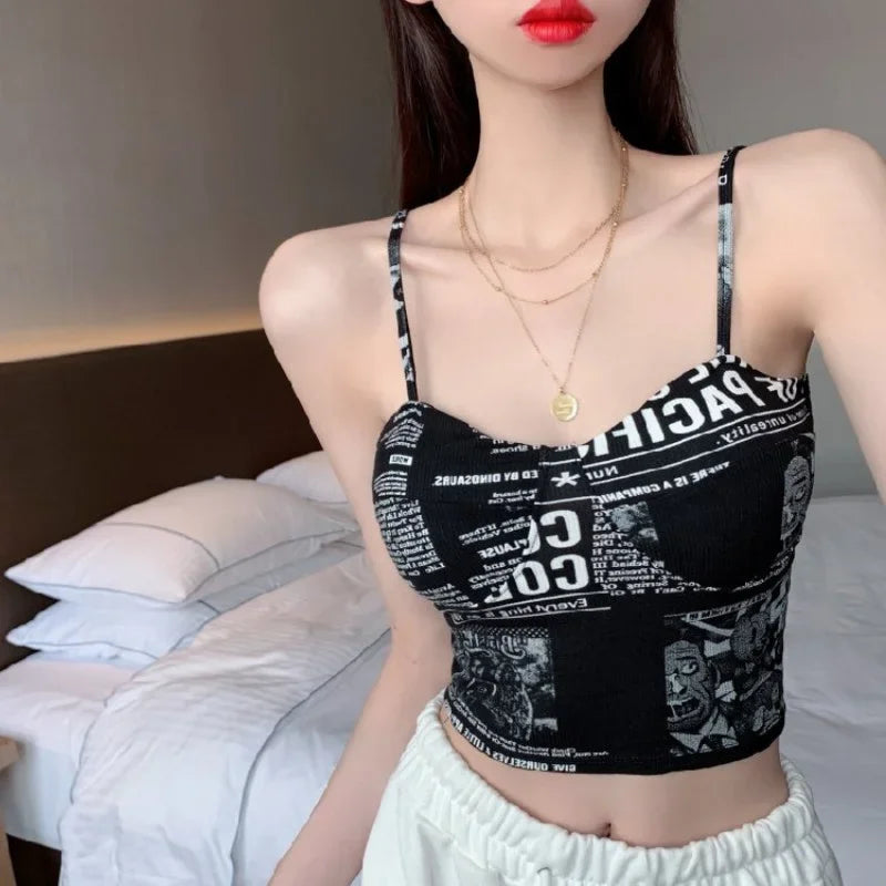 IMIEMIE Women Push Up Camisole Padded Bra Sexy Top Suspender Tanks Fashion Printed Newspaper Camis Female Soft Sleeveless Tube Tops