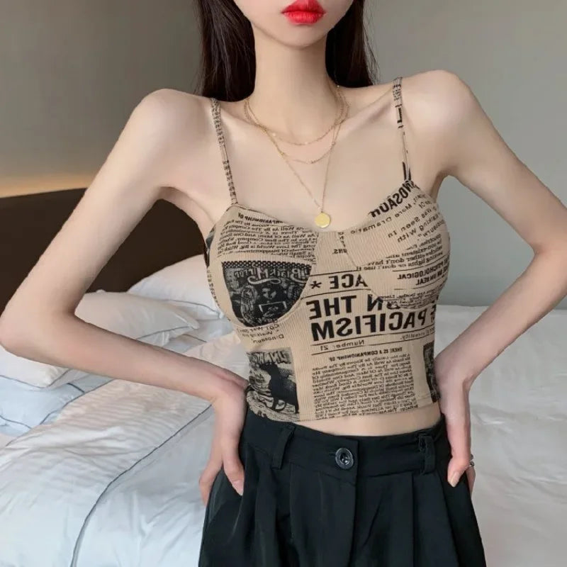 IMIEMIE Women Push Up Camisole Padded Bra Sexy Top Suspender Tanks Fashion Printed Newspaper Camis Female Soft Sleeveless Tube Tops