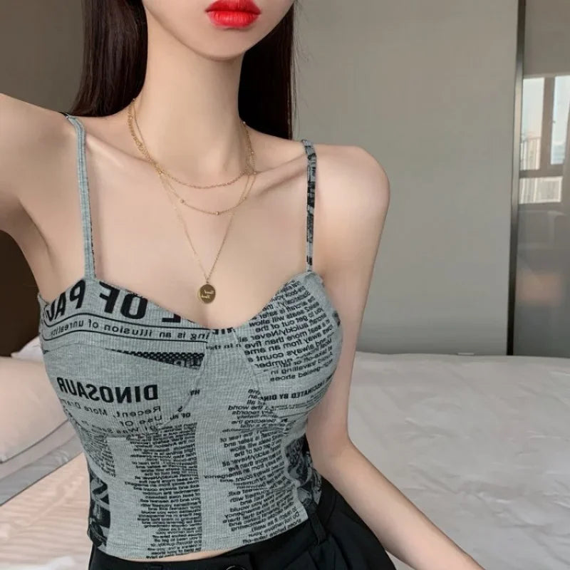 IMIEMIE Women Push Up Camisole Padded Bra Sexy Top Suspender Tanks Fashion Printed Newspaper Camis Female Soft Sleeveless Tube Tops