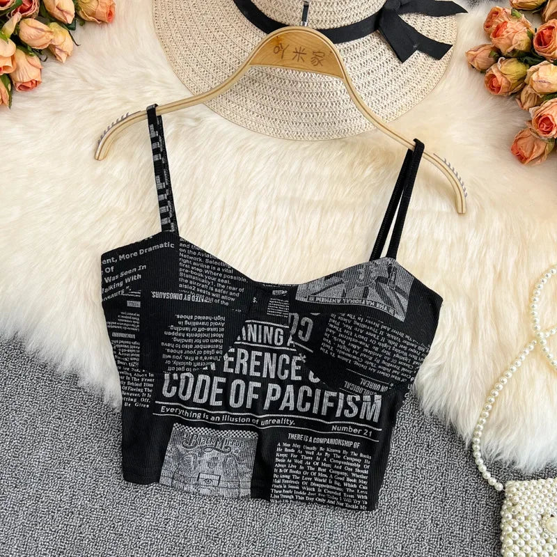 IMIEMIE Women Push Up Camisole Padded Bra Sexy Top Suspender Tanks Fashion Printed Newspaper Camis Female Soft Sleeveless Tube Tops