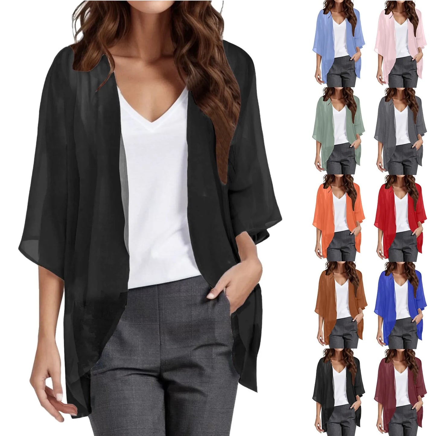 IMIEMIE Women'S Solid Elegant Puff Sleeve Chiffon Blouse Cardigan Loose Beach Cover Up Casual Long Sleeve Tops Summer Oversize Thin Tops