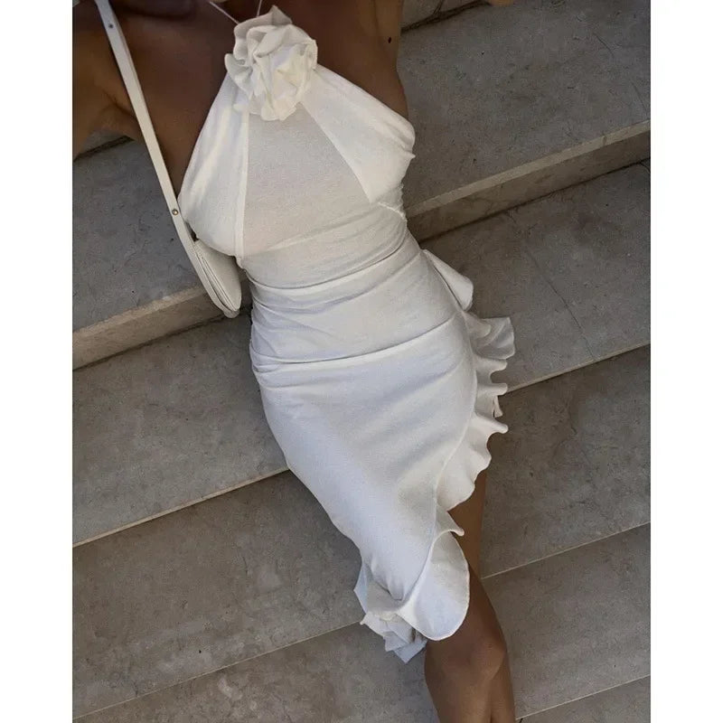 IMIEMIE Women Sexy Backless Halter Y2K Ruffles Midi Bodycon Club Evening Party Dress Summer 2024 Sleeveless Fashion White Dress