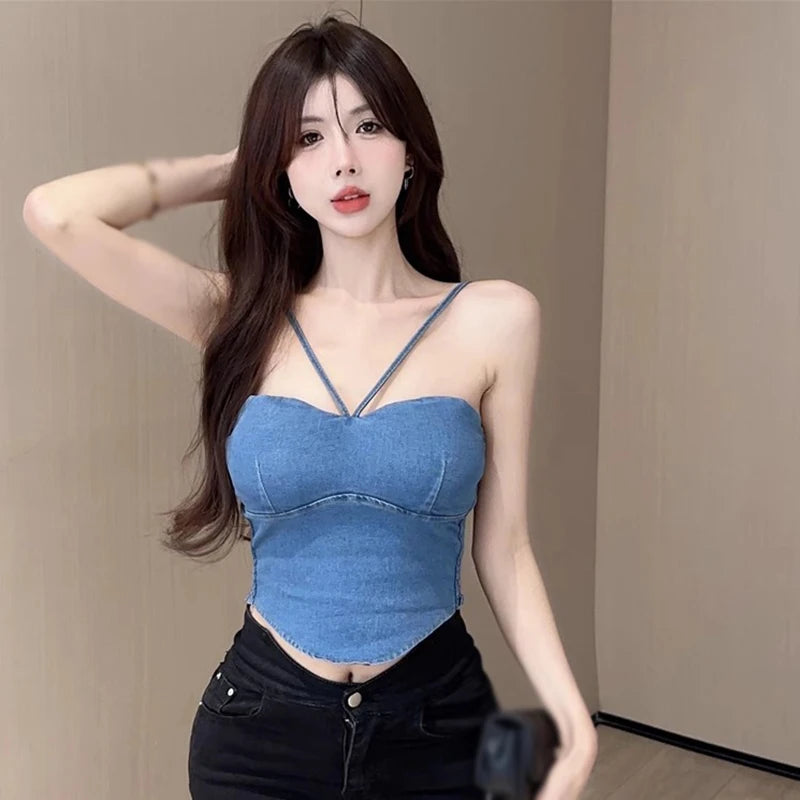 IMIEMIE Women Sexy Denim Camisole Slim Tank Top With Built In Bra Female Jeans Crop Tops Summer Club Party Cropped Top Vest Streetwear