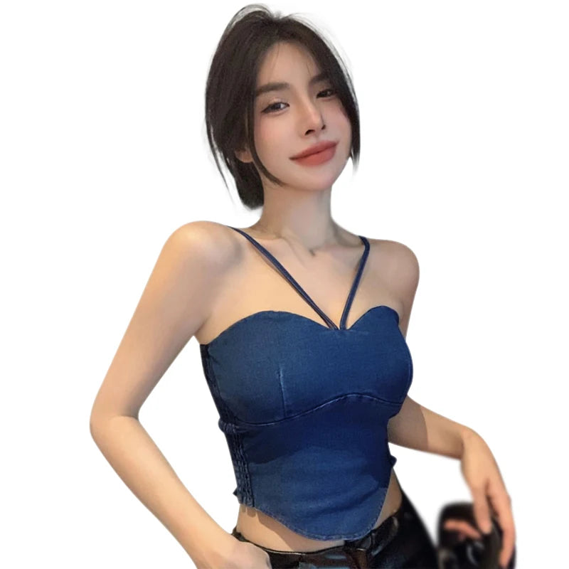 IMIEMIE Women Sexy Denim Camisole Slim Tank Top With Built In Bra Female Jeans Crop Tops Summer Club Party Cropped Top Vest Streetwear