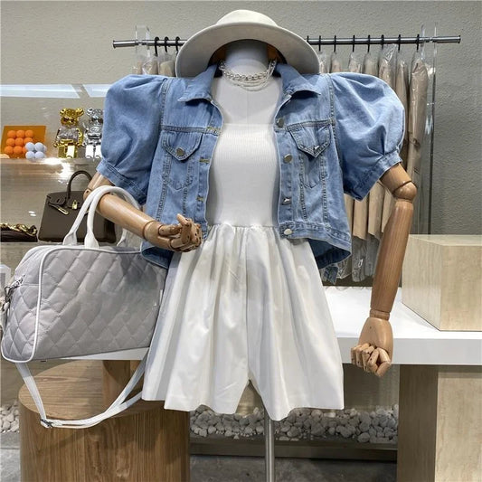 IMIEMIE omen Short Denim Jacket Autumn  Puff Sleeve Crop Top