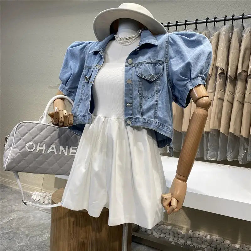 IMIEMIE Women Short Denim Jacket Autumn  Puff Sleeve Crop Top