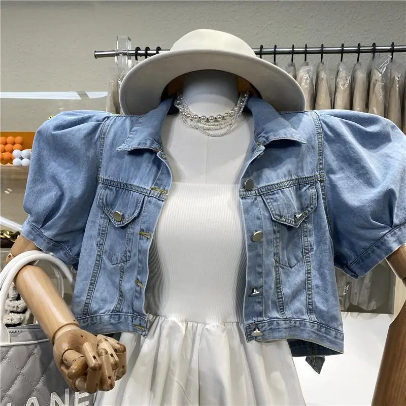 IMIEMIE Women Short Denim Jacket Autumn  Puff Sleeve Crop Top