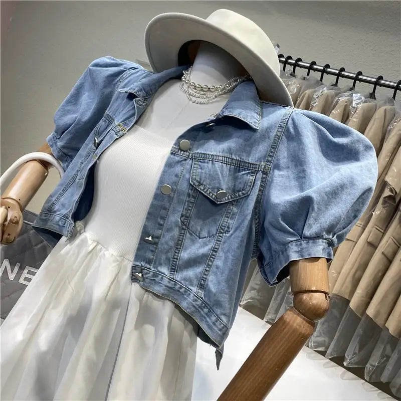 IMIEMIE Women Short Denim Jacket Autumn  Puff Sleeve Crop Top