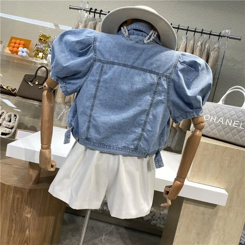 IMIEMIE Women Short Denim Jacket Autumn  Puff Sleeve Crop Top