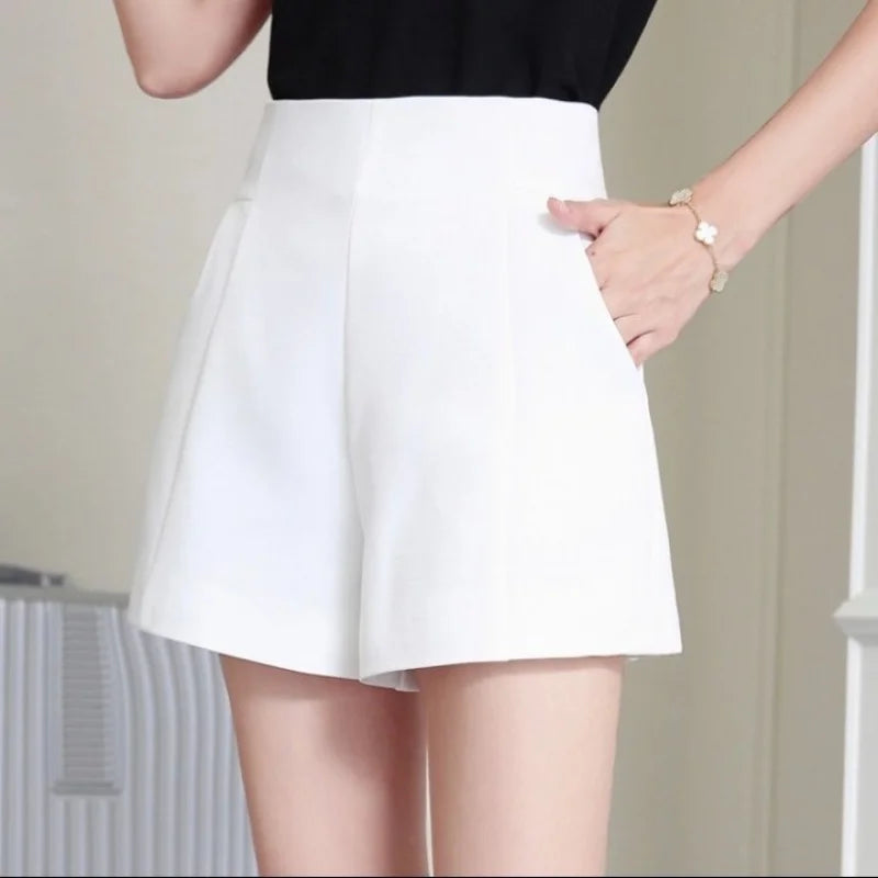 IMIEMIE Women Shorts Spring Summer Casual High Waist A-line Shorts Loose Wide Leg Chiffon Shorts Chic Lady Black White Suit Shorts