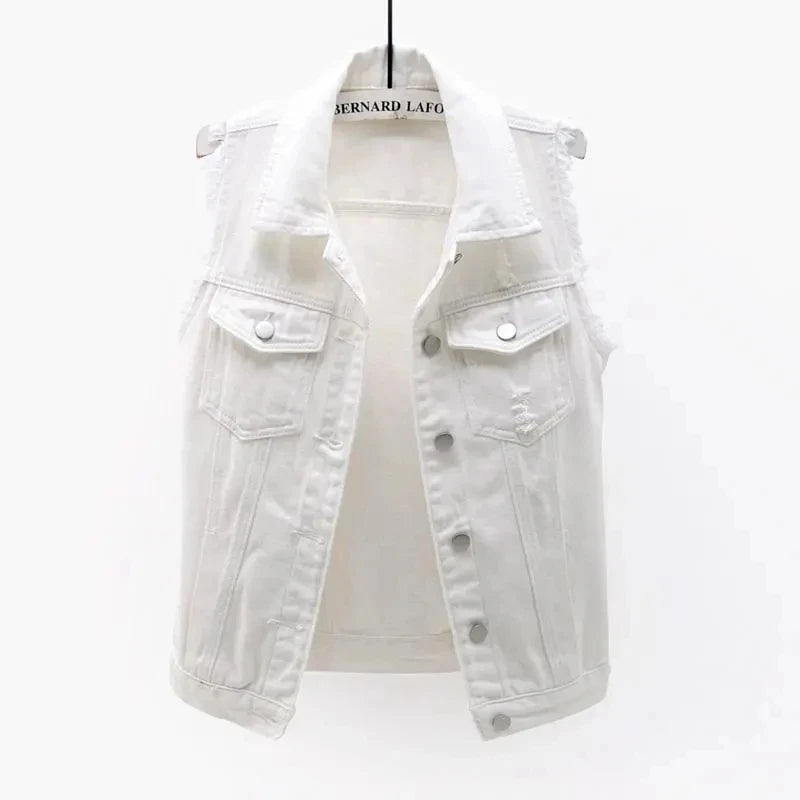 IMIEMIE Women Single Breasted Denim Vest Autumn Winter Solid Casual Turn-down Collar Pocket Sleeveless Short Jean Coat Streetwear Female