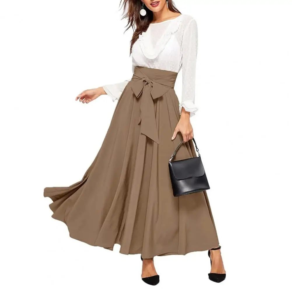 IMIEMIE Women Skirt Elegant Lace-up Maxi Skirt with High Waist A-line Silhouette Solid Color Pleated Ankle Length for Women for Spring