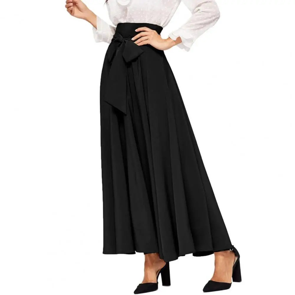 IMIEMIE Women Skirt Elegant Lace-up Maxi Skirt with High Waist A-line Silhouette Solid Color Pleated Ankle Length for Women for Spring