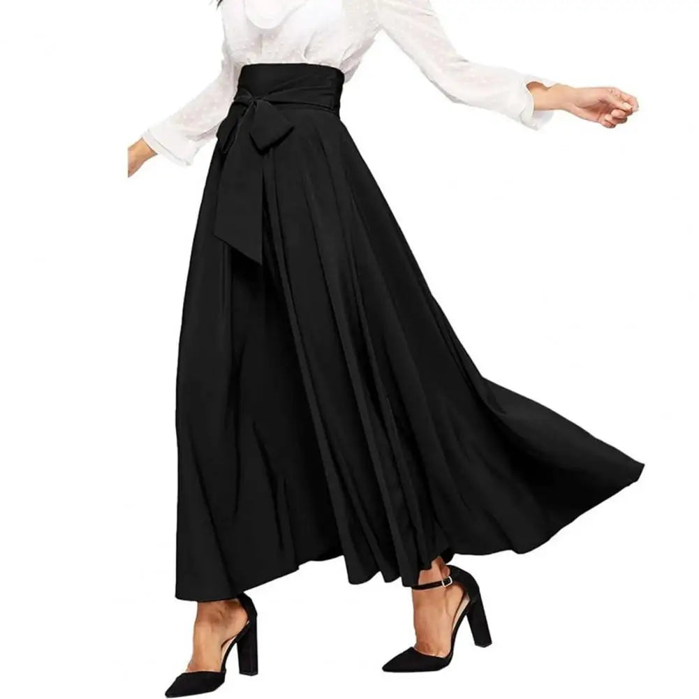 IMIEMIE Women Skirt Elegant Lace-up Maxi Skirt with High Waist A-line Silhouette Solid Color Pleated Ankle Length for Women for Spring