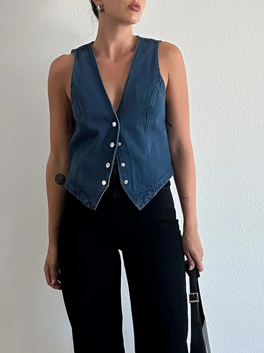 IMIEMIE Women Sleeveless Denim Vest V Neck Button Up Jean Waistcoat Vest with Pockets Casual Vintage Denim Crop Streetwear