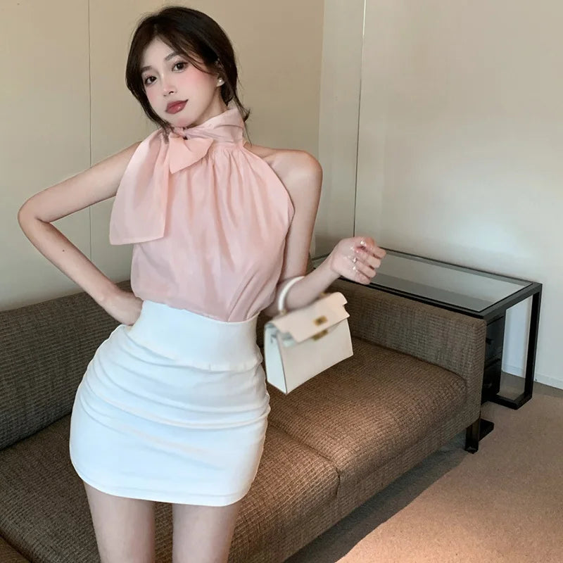 IMIEMIE Women Solid High Waist Skirt Versatile Elastic Hip Wrap Skirt  A-line Elegant Mini Skirt Slim All-match Chic Simple Short Skirt