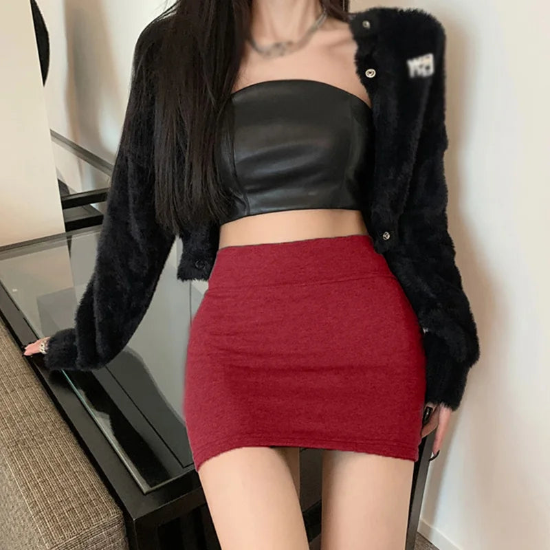 IMIEMIE Women Solid High Waist Skirt Versatile Elastic Hip Wrap Skirt  A-line Elegant Mini Skirt Slim All-match Chic Simple Short Skirt