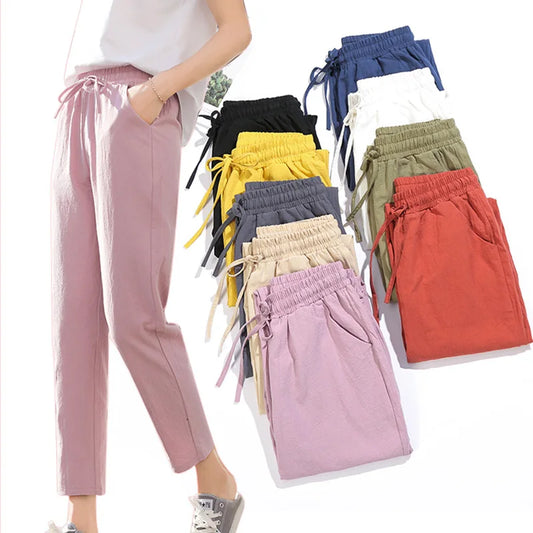 IMIEMIE Women Spring Summer Pants Cotton Solid Elastic Waist Candy Colors Fashion Harem Trousers Casual Female Pants