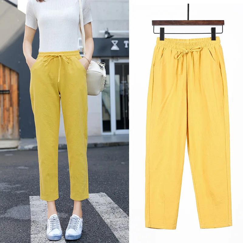 IMIEMIE Women Spring Summer Pants Cotton Solid Elastic Waist Candy Colors Fashion Harem Trousers Casual Female Pants