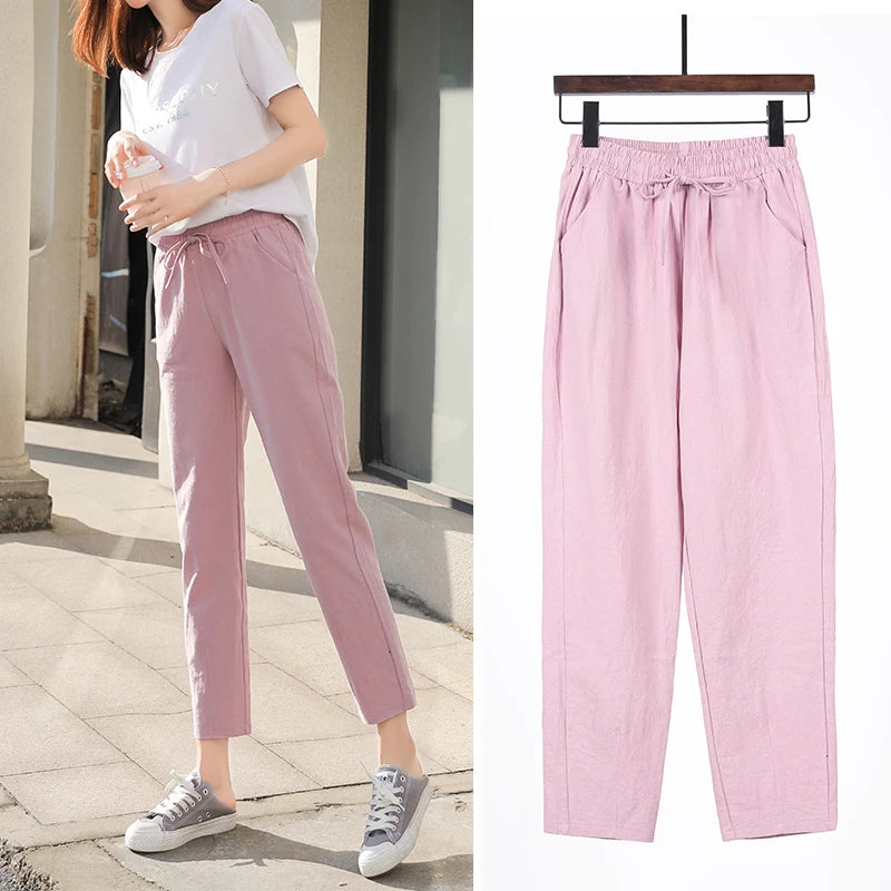 IMIEMIE Women Spring Summer Pants Cotton Solid Elastic Waist Candy Colors Fashion Harem Trousers Casual Female Pants