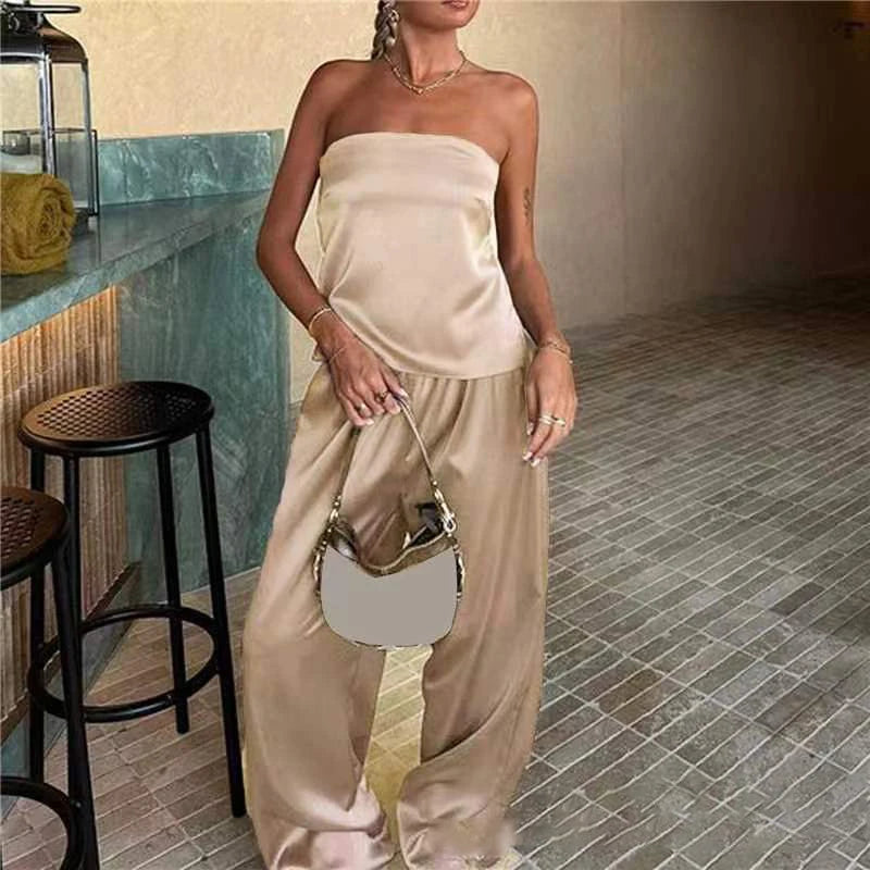 IMIEMIE Women Streetwear 2 Piece Sets Strapless Tube Tops Elastic Wide Leg Pants Suits Bandeau Backless Sexy Summer Female Clothes