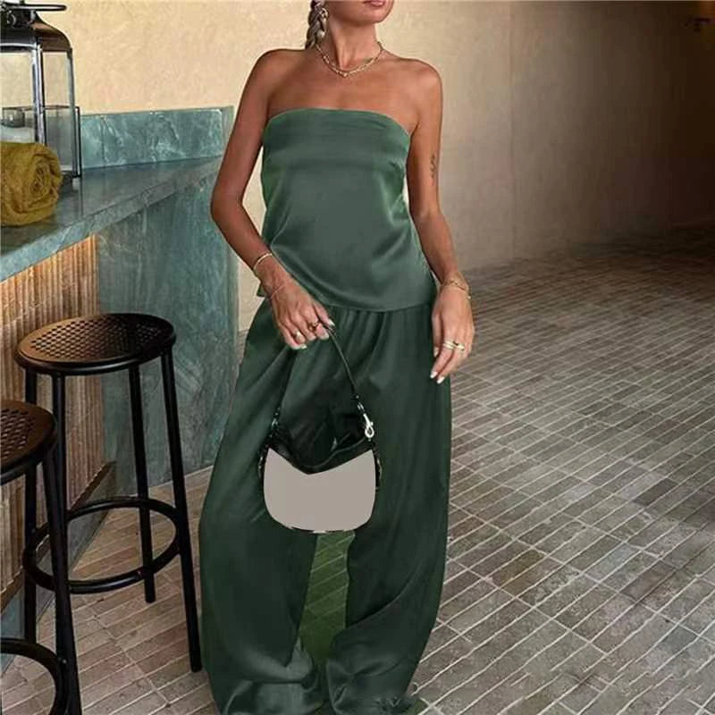 IMIEMIE Women Streetwear 2 Piece Sets Strapless Tube Tops Elastic Wide Leg Pants Suits Bandeau Backless Sexy Summer Female Clothes