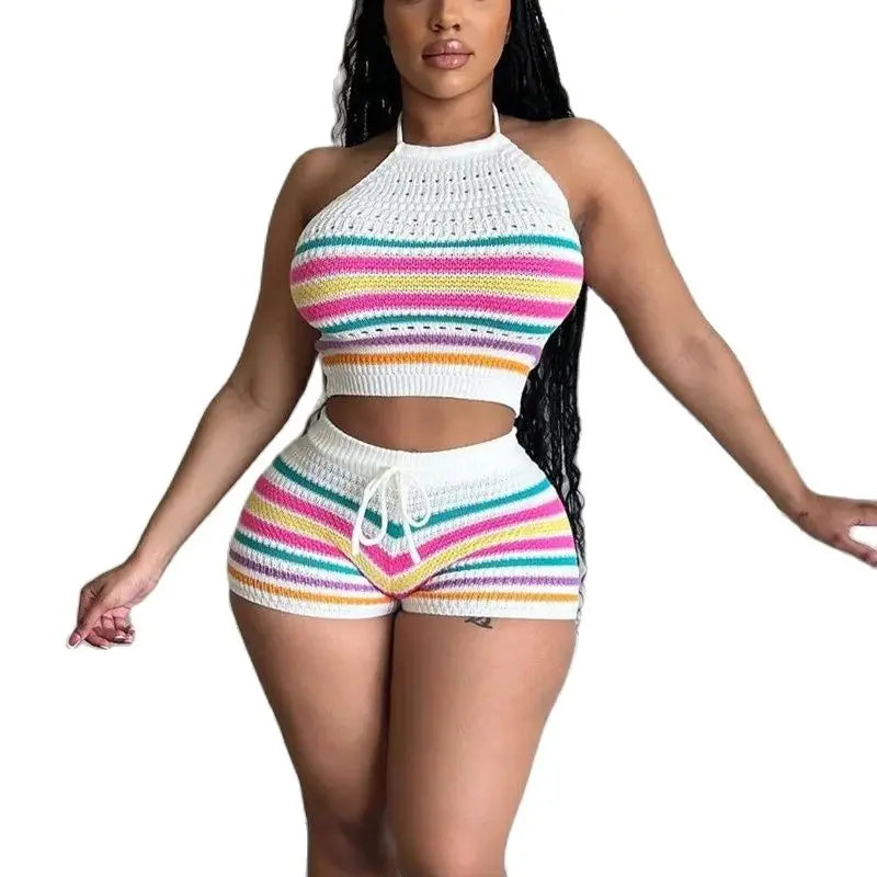 IMIEMIE Women Suits Hhanging Neck Lace-up Sleeveless Backless Tops Female Casual Knitted Rainbow Stripes Two Piece Sets Slim Fit Shorts