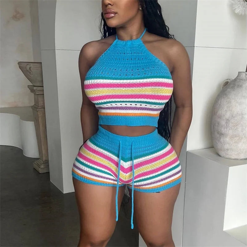 IMIEMIE Women Suits Hhanging Neck Lace-up Sleeveless Backless Tops Female Casual Knitted Rainbow Stripes Two Piece Sets Slim Fit Shorts