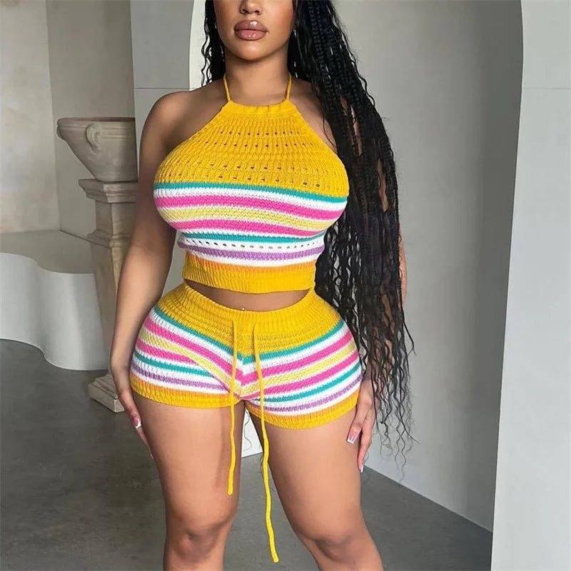 IMIEMIE Women Suits Hhanging Neck Lace-up Sleeveless Backless Tops Female Casual Knitted Rainbow Stripes Two Piece Sets Slim Fit Shorts