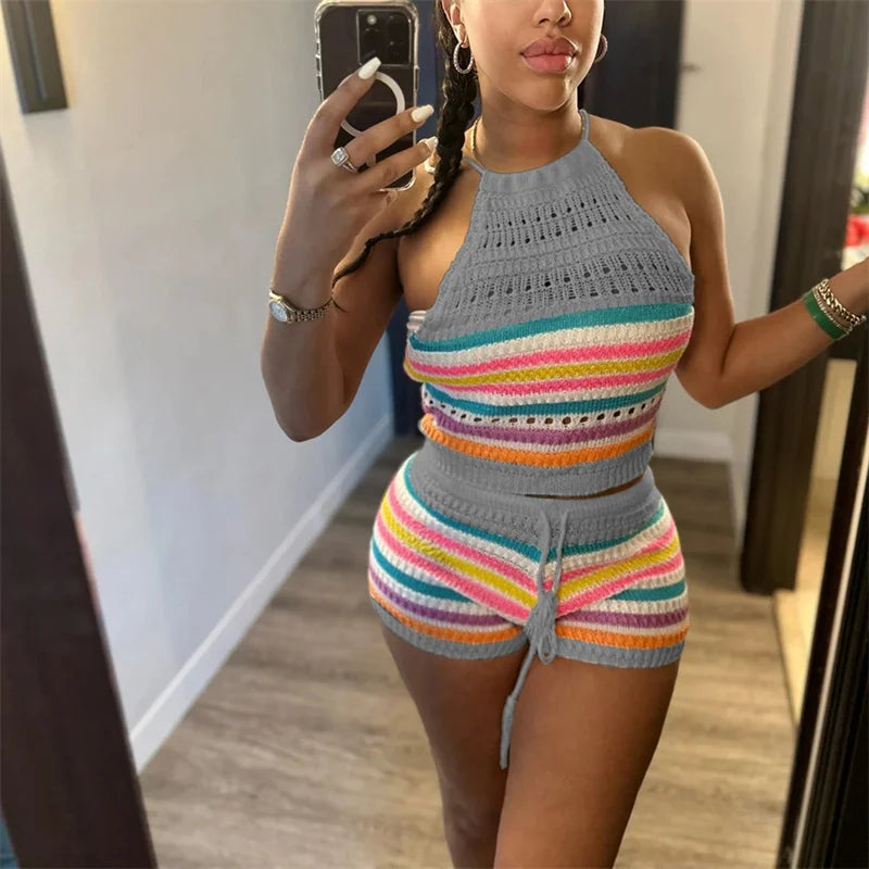 IMIEMIE Women Suits Hhanging Neck Lace-up Sleeveless Backless Tops Female Casual Knitted Rainbow Stripes Two Piece Sets Slim Fit Shorts