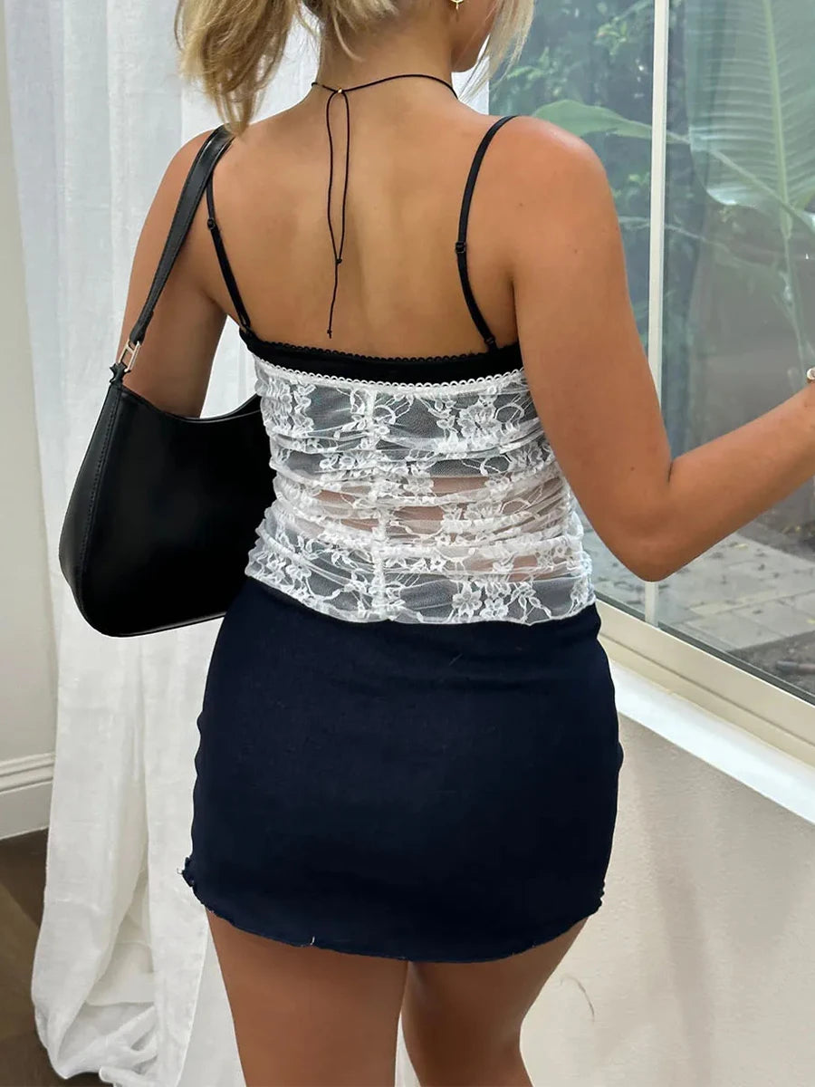 IMIEMIE Women Summer 2 Piece Outfit See-through Lace Black Camisole Top with Mini Bodycon Skirt Hot Hot Girl Outfit Party Outfit