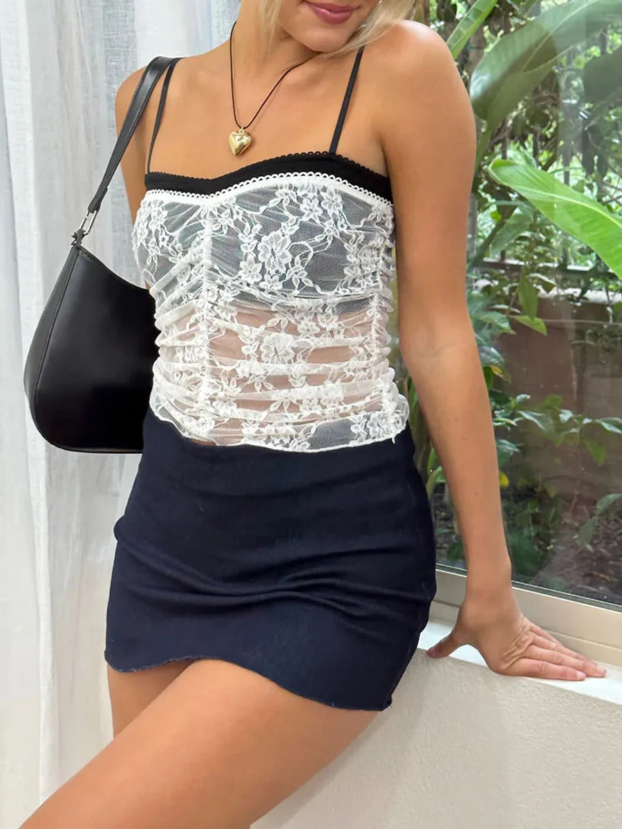 IMIEMIE Women Summer 2 Piece Outfit See-through Lace Black Camisole Top with Mini Bodycon Skirt Hot Hot Girl Outfit Party Outfit