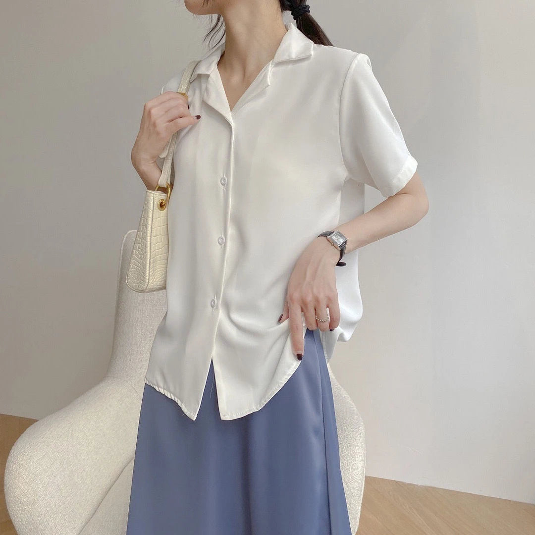 IMIEMIE Women Summer Chiffon Blouse Elegant Short Sleeve V Neck Loose Shirt Casual Solid Korean Chic Simple Tops Female Tunic Blusas