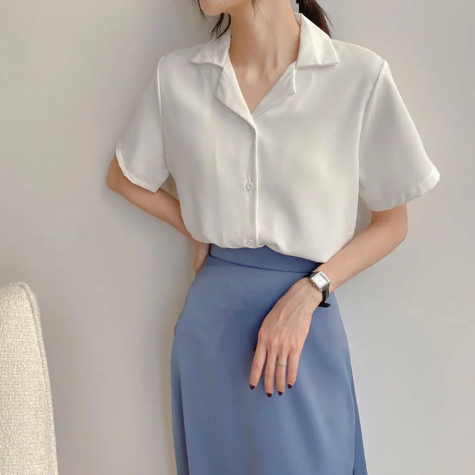 IMIEMIE Women Summer Chiffon Blouse Elegant Short Sleeve V Neck Loose Shirt Casual Solid Korean Chic Simple Tops Female Tunic Blusas