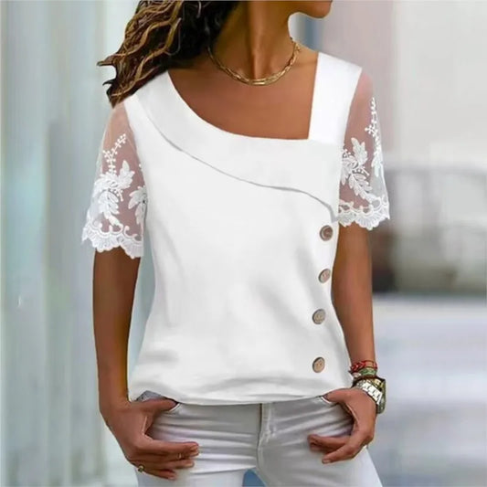 IMIEMIE Women Summer Lace Patch Blouse European & American Fashion Asymmetrical Neck Buttoned Design Women's Short Sleeve Casual T-Shirt