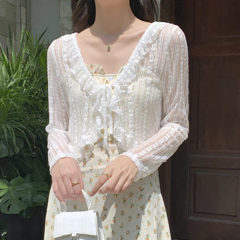 IMIEMIE Women Summer Sun Protection Coat Lace Bow Ruffle Cardigan Shirt Female Blouse Tops for Woman Covers Blusa White Y2K Korean Shirt