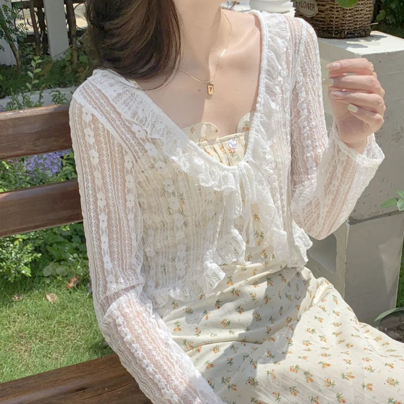 IMIEMIE Women Summer Sun Protection Coat Lace Bow Ruffle Cardigan Shirt Female Blouse Tops for Woman Covers Blusa White Y2K Korean Shirt