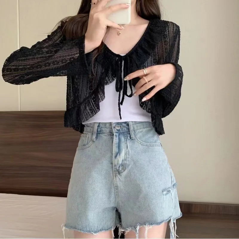 IMIEMIE Women Summer Sun Protection Coat Lace Bow Ruffle Cardigan Shirt Female Blouse Tops for Woman Covers Blusa White Y2K Korean Shirt