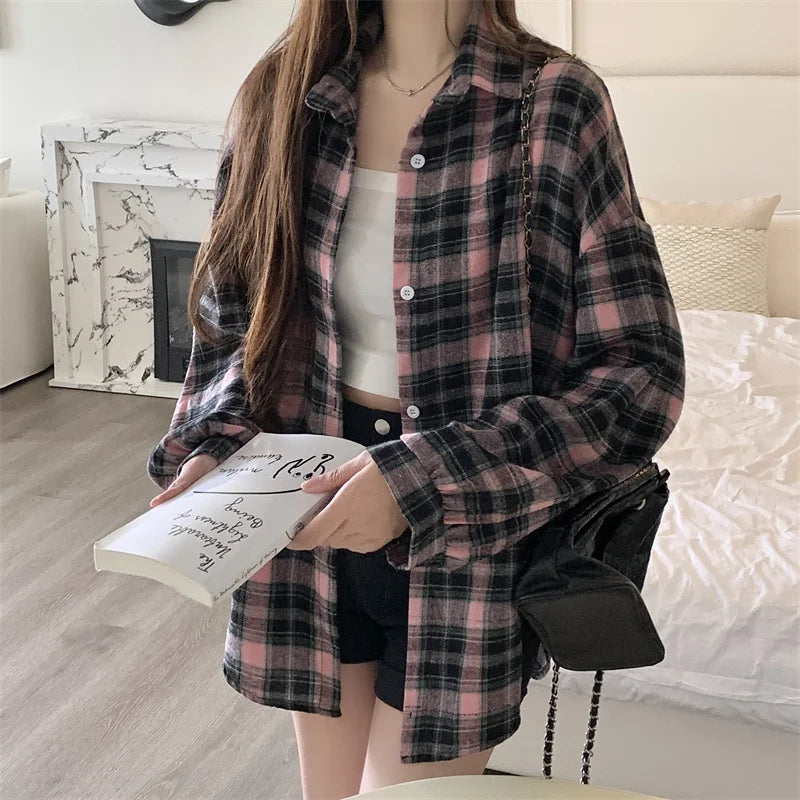 IMIEMIE Women Tartan Shirt Long Sleeve Collared Button Up Oversized Plaid Shirt Flannel Jacket Grunge Teenage Girl Spring Summer Outfit