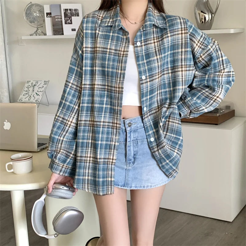 IMIEMIE Women Tartan Shirt Long Sleeve Collared Button Up Oversized Plaid Shirt Flannel Jacket Grunge Teenage Girl Spring Summer Outfit