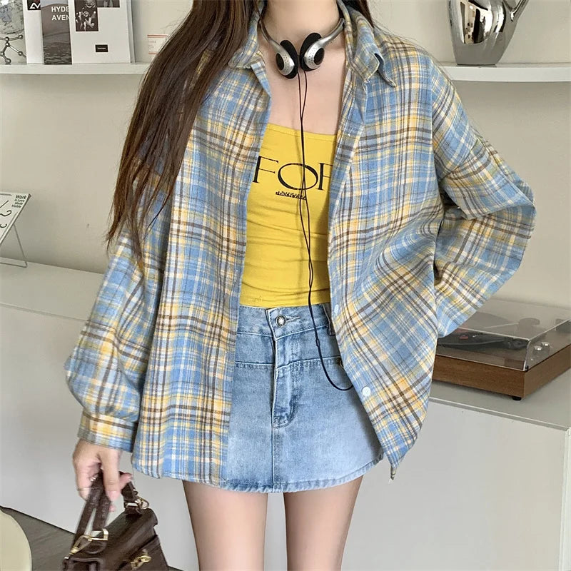 IMIEMIE Women Tartan Shirt Long Sleeve Collared Button Up Oversized Plaid Shirt Flannel Jacket Grunge Teenage Girl Spring Summer Outfit