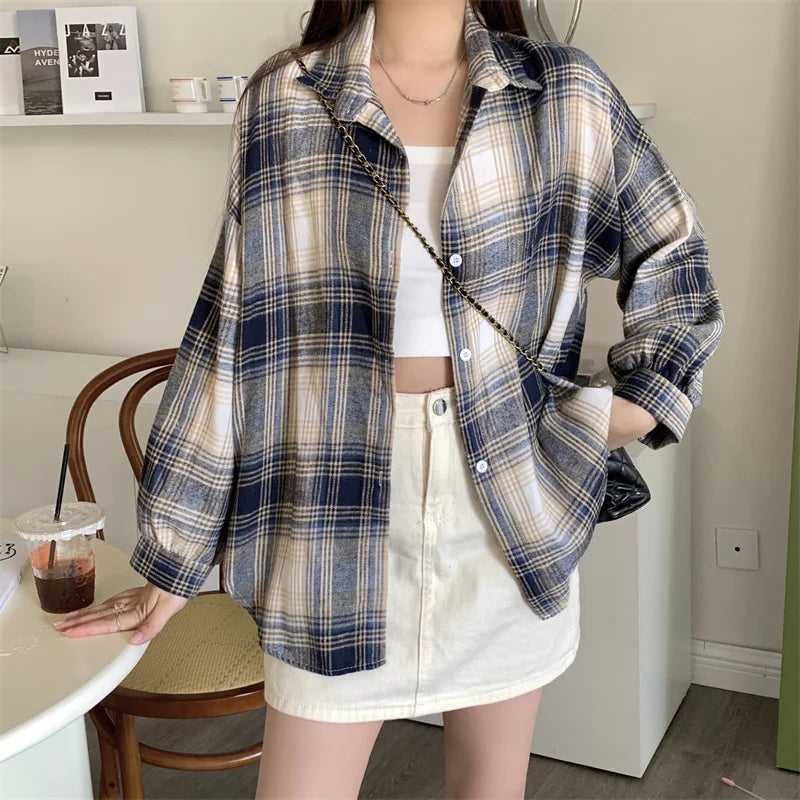 IMIEMIE Women Tartan Shirt Long Sleeve Collared Button Up Oversized Plaid Shirt Flannel Jacket Grunge Teenage Girl Spring Summer Outfit