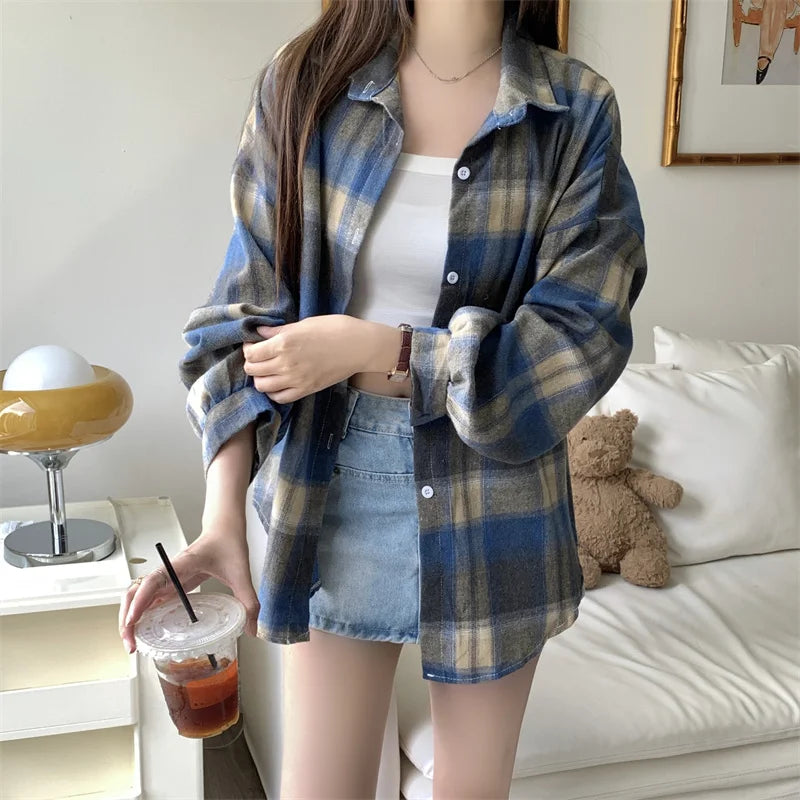 IMIEMIE Women Tartan Shirt Long Sleeve Collared Button Up Oversized Plaid Shirt Flannel Jacket Grunge Teenage Girl Spring Summer Outfit